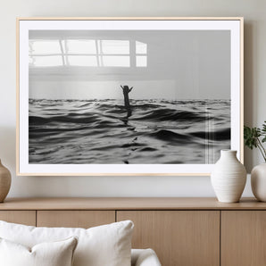 69541918-MGV-CV-36X24-Black White Ocean Wall Art Canvas Print, Framed Moody Seascape Art Picture Print, Surfer Sign Perfect Moody Minimalist Decor
