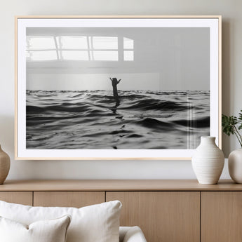69541918-MGV-CV-36X24-Black White Ocean Wall Art Canvas Print, Framed Moody Seascape Art Picture Print, Surfer Sign Perfect Moody Minimalist Decor