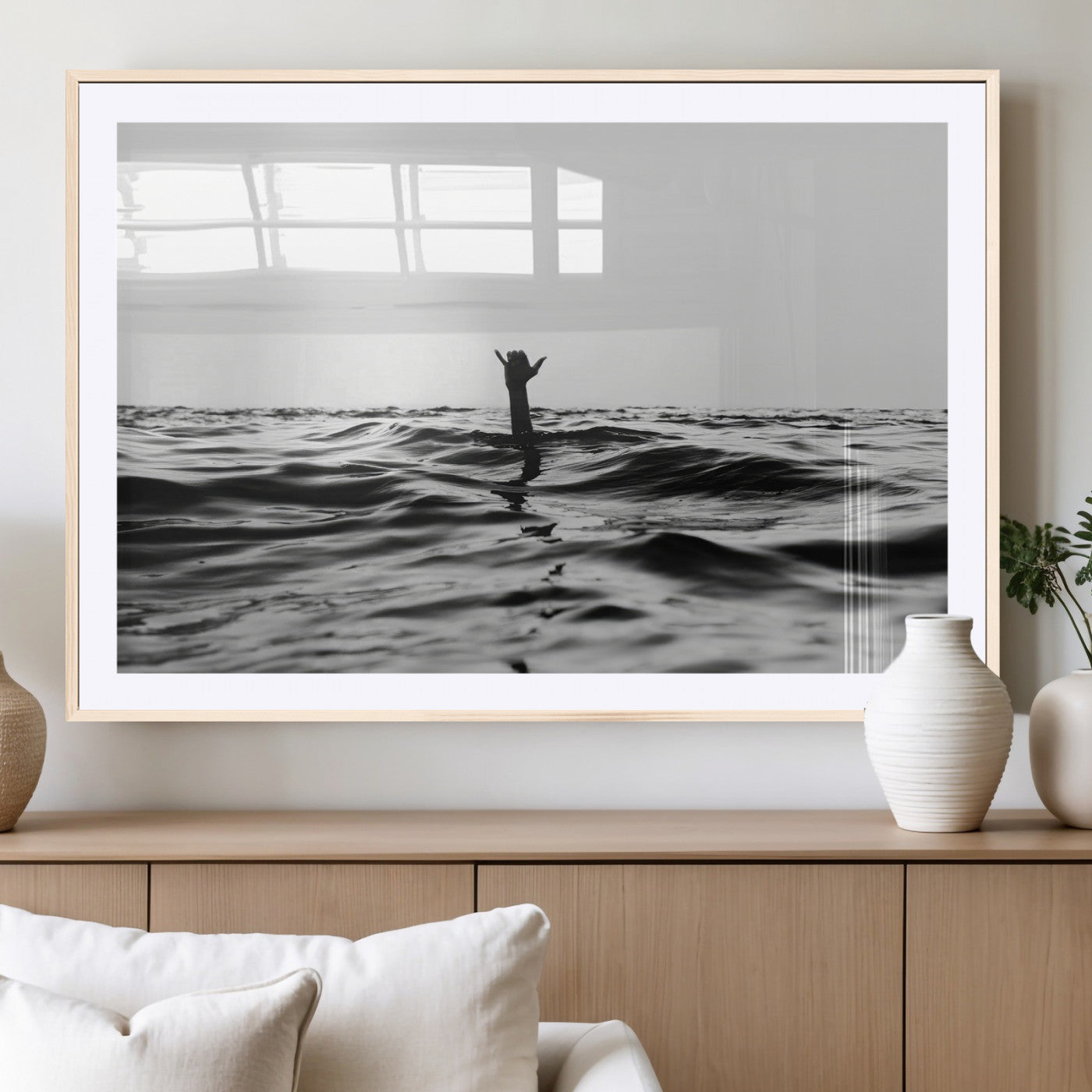 69541918-MGC-FP-36x24_Natural-Black White Ocean Wall Art Canvas Print, Framed Moody Seascape Art Picture Print, Surfer Sign Perfect Moody Minimalist Decor