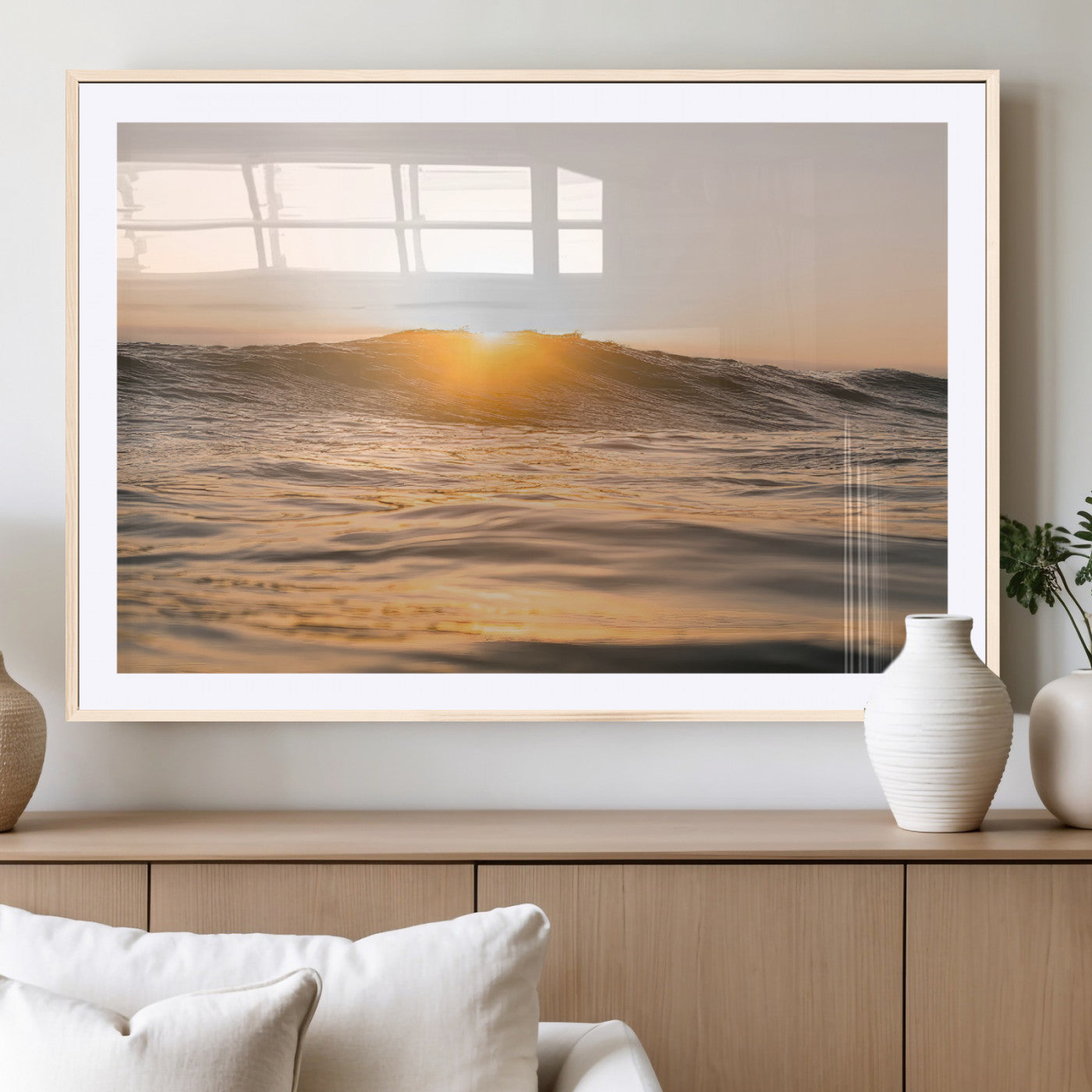 16973771-MGV-CV-36X24-Calm Water Wall Art Canvas Print, Framed Sunset Waves Art Picture Print, Coastal Warmth Perfect Warm Minimalist Decor Artwork