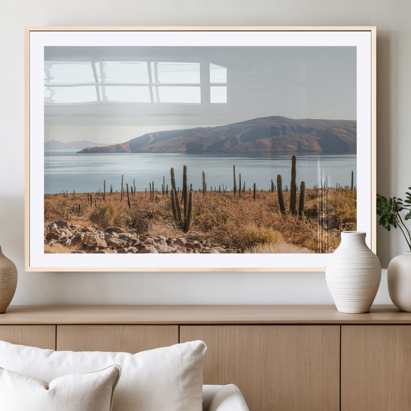 45193515-MGV-CV-36X24-Desert Cactus Wall Art Canvas Print, Framed Baja Coastline Art Picture Print, Coastal Desert Perfect Southwestern Minimalist Decor