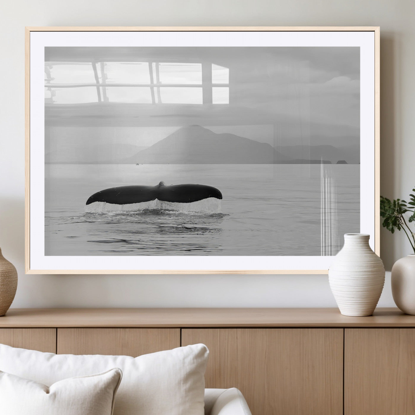 30524220-MGV-CV-36X24-Whale Tail Wall Art Canvas Print, Framed Black White Ocean Art Picture Print, Calm Marine Perfect Minimalist Coastal Decor Artwork