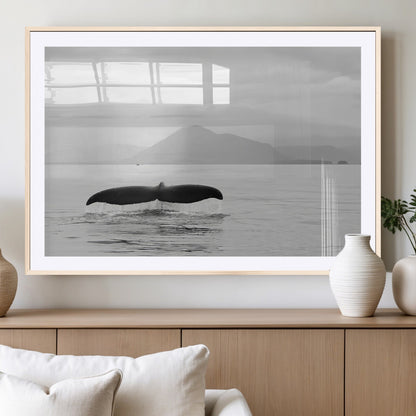 30524220-MGV-CV-36X24-Whale Tail Wall Art Canvas Print, Framed Black White Ocean Art Picture Print, Calm Marine Perfect Minimalist Coastal Decor Artwork