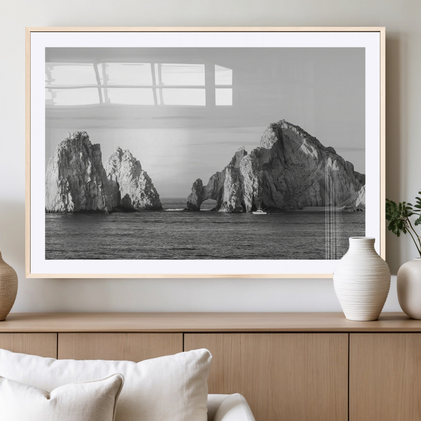 18810731-MGV-CV-36X24-Rugged Coastline Wall Art Canvas Print, Framed Ocean Cliffs Art Picture Print, Monochrome Seascape Perfect Coastal Minimalist