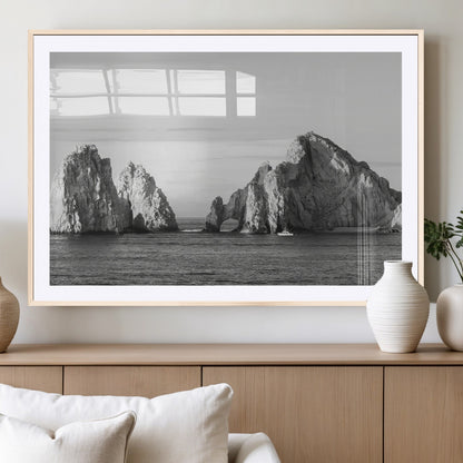 18810731-MGV-CV-36X24-Rugged Coastline Wall Art Canvas Print, Framed Ocean Cliffs Art Picture Print, Monochrome Seascape Perfect Coastal Minimalist