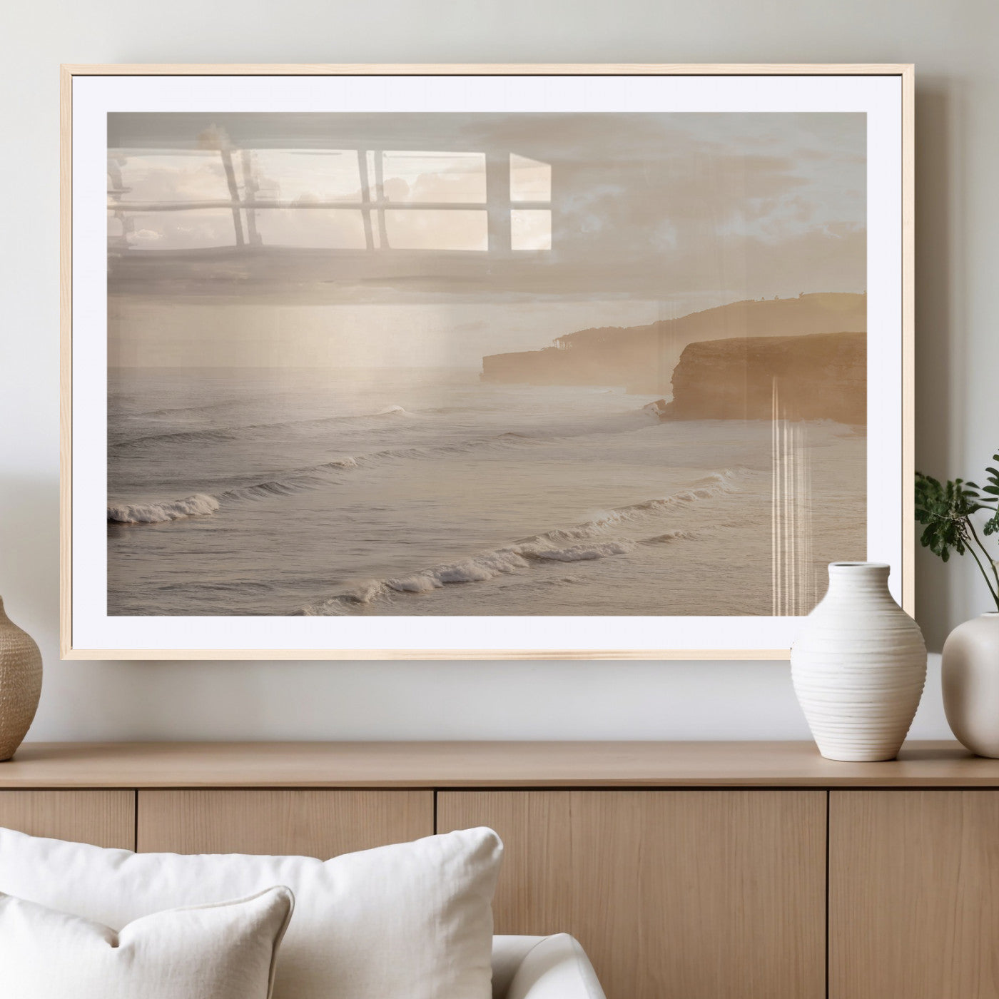 57669769-MGC-FP-36x24_Natural-Misty Coastal Wall Art Canvas Print, Framed Golden Sunset Art Picture Print, Serene Shoreline Perfect Tranquil Coastal Decor