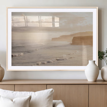 57669769-MGC-FP-36x24_Natural-Misty Coastal Wall Art Canvas Print, Framed Golden Sunset Art Picture Print, Serene Shoreline Perfect Tranquil Coastal Decor