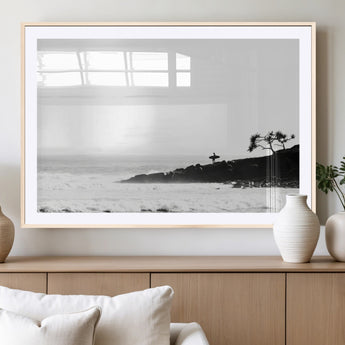 40875891-MGV-CV-36X24-SurferCliffs Wall Art Canvas Print, Framed Black White Beach Art Picture Print, Ocean Waves Perfect Minimalist Coastal Decor