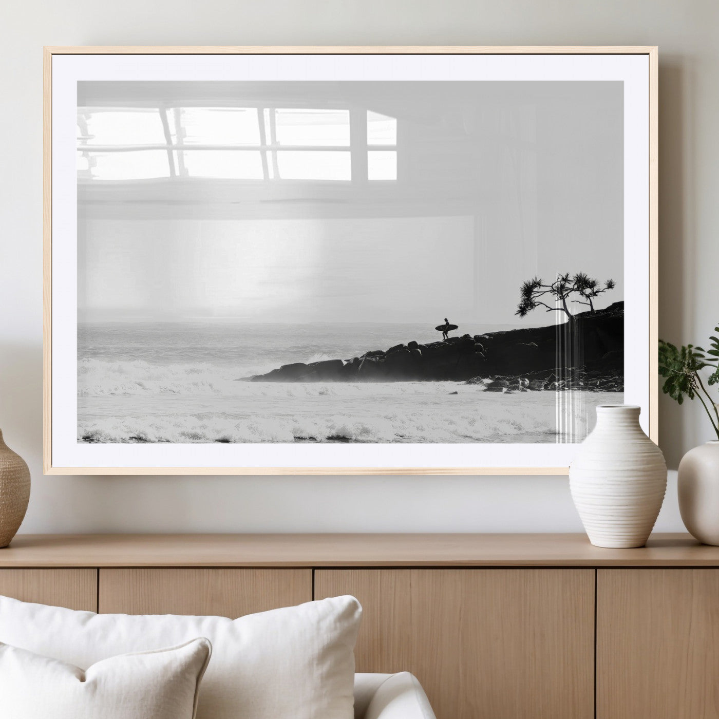 40875891-MGC-FP-36x24_Natural-SurferCliffs Wall Art Canvas Print, Framed Black White Beach Art Picture Print, Ocean Waves Perfect Minimalist Coastal Decor