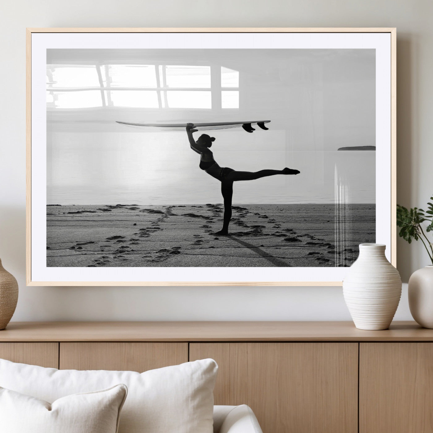 28441356-MGV-CV-36X24-Yoga Surf Wall Art Canvas Print, Framed Black White Shore Art Picture Print, Peaceful Ocean Perfect Minimalist Coastal Decor