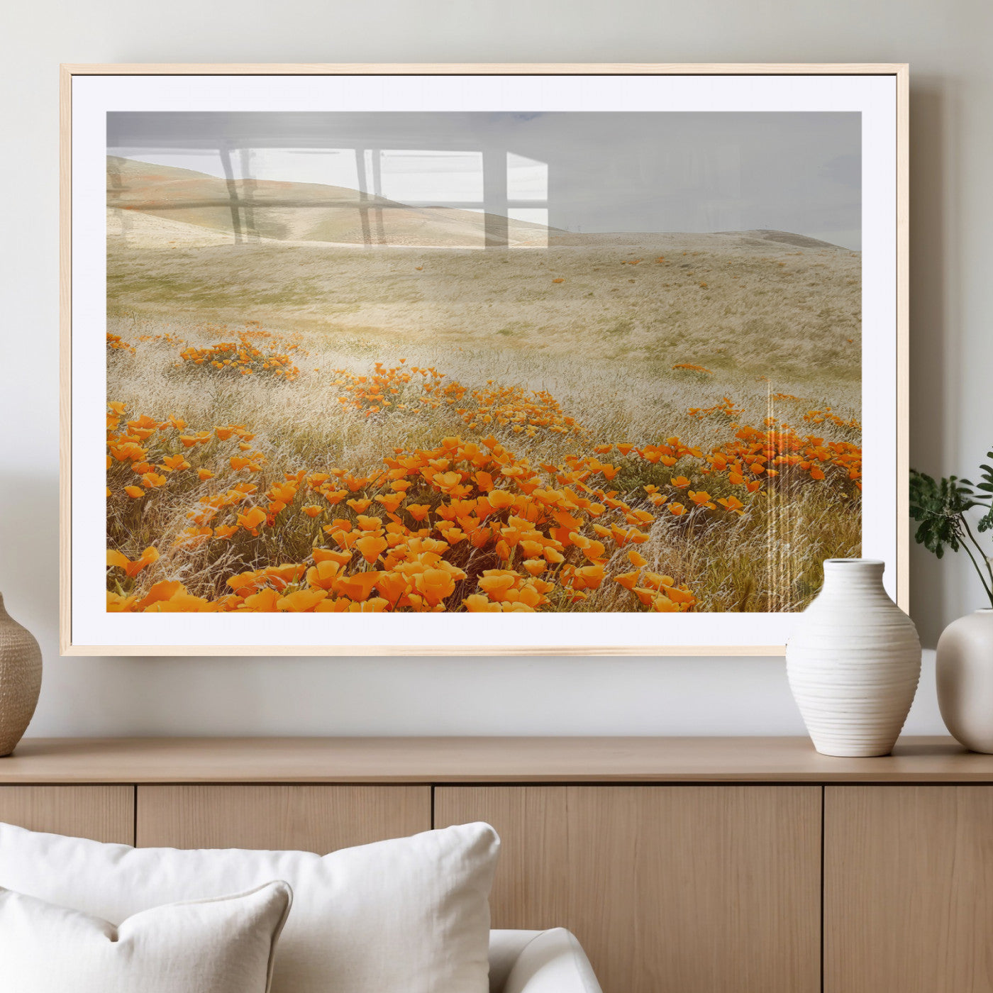 28972262-MGV-CV-36X24-Golden Wildflowers Wall Art Canvas Print, Framed Hills Bloom Art Picture Print, Poppy Meadow Perfect Rustic Nature Decor Artwork