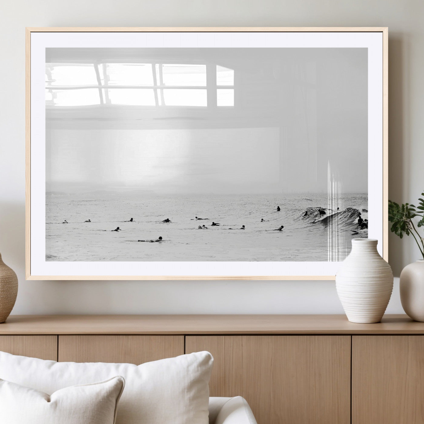 38441169-MGC-FP-36x24_Natural-Monochrome Swimming Wall Art Canvas Print, Framed Ocean Horizon Art Picture Print, Moody Coastal Perfect Minimalist Coastal Decor