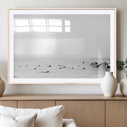 38441169-MGC-FP-36x24_Natural-Monochrome Swimming Wall Art Canvas Print, Framed Ocean Horizon Art Picture Print, Moody Coastal Perfect Minimalist Coastal Decor