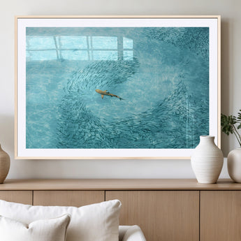 43671474-MGC-FP-36x24_Natural-Fish Swarm Wall Art Canvas Print, Framed Marine Life Art Picture Print, Shark Aerial Perfect Wildlife Coastal Decor Artwork