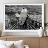 32353707-MGV-CV-36X24-Black White Surfing Wall Art Canvas Print, Framed Coastal Surfing Art Picture Print, Wave Riders Perfect Coastal Adventure Decor