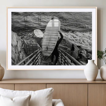 32353707-MGC-FP-36x24_Natural-Black White Surfing Wall Art Canvas Print, Framed Coastal Surfing Art Picture Print, Wave Riders Perfect Coastal Adventure Decor