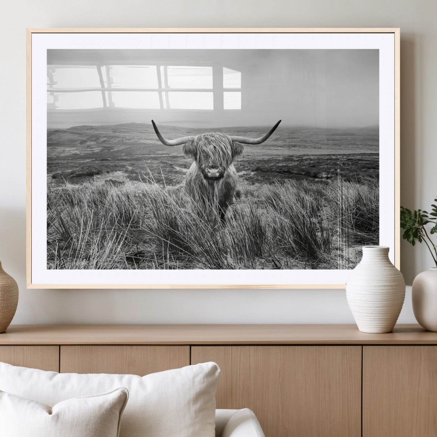 24051061-MGC-FP-36x24_Natural-Monochrome Highland Cow Wall Art Canvas Print, Framed Scottish Bull Art Picture Print, Lone Cattle Perfect Rustic Farmhouse Decor