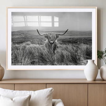 24051061-MGC-FP-36x24_Natural-Monochrome Highland Cow Wall Art Canvas Print, Framed Scottish Bull Art Picture Print, Lone Cattle Perfect Rustic Farmhouse Decor