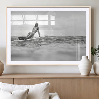 69798068-MGV-CV-36X24-Black White Surfing Wall Art Canvas Print, Framed Ocean Horizon Art Picture Print, Surfer Girl Perfect Coastal Adventure Decor