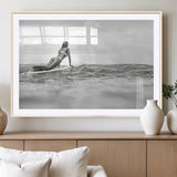 69798068-MGC-FP-36x24_Natural-Black White Surfing Wall Art Canvas Print, Framed Ocean Horizon Art Picture Print, Surfer Girl Perfect Coastal Adventure Decor