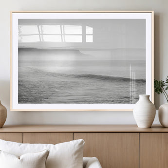 60635783-MGV-CV-36X24-Black White Seascape Wall Art Canvas Print, Framed Ocean Waves Art Picture Print, Misty Coastal Perfect Minimalist Coastal Decor