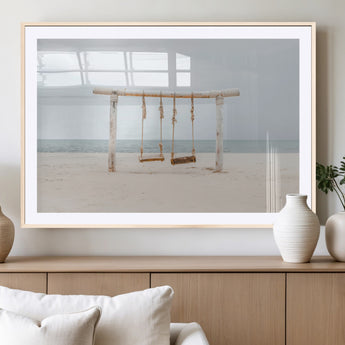 68327283-MGV-CV-36X24-Beach Swing Wall Art Canvas Print, Framed Quiet Beach Art Picture Print, Calm Shoreline Perfect Bohemian Coastal Decor Artwork
