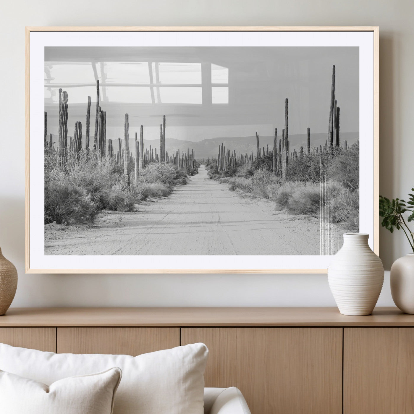 35537313-MGV-CV-36X24-Monochrome Desert Wall Art Canvas Print, Framed Cactus Path Art Picture Print, Southwestern Landscape Perfect Southwestern