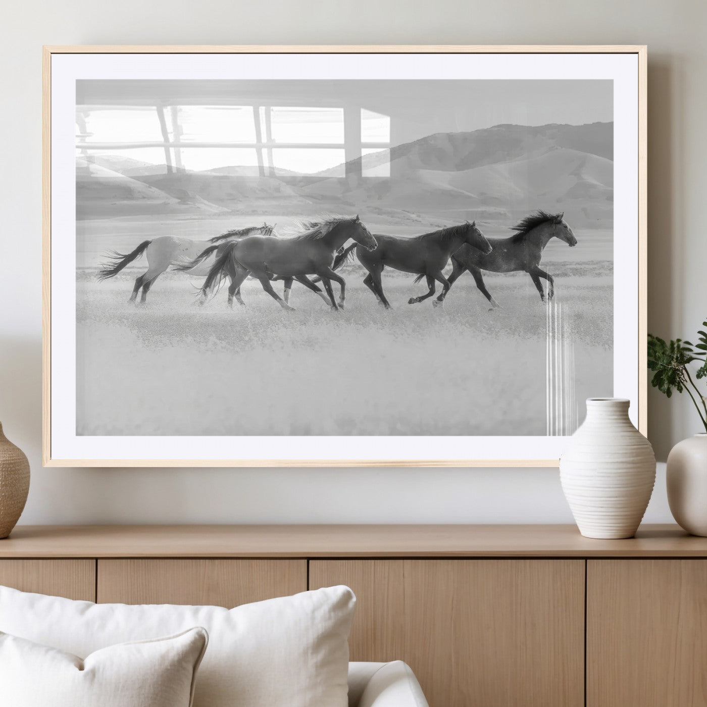 69934913-MGV-CV-36X24-Wild Horses Running Wall Art Canvas Print, Framed Black White Mustangs Art Picture Print, Rustic Western Perfect Rustic Western