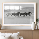 69934913-MGV-CV-36X24-Wild Horses Running Wall Art Canvas Print, Framed Black White Mustangs Art Picture Print, Rustic Western Perfect Rustic Western