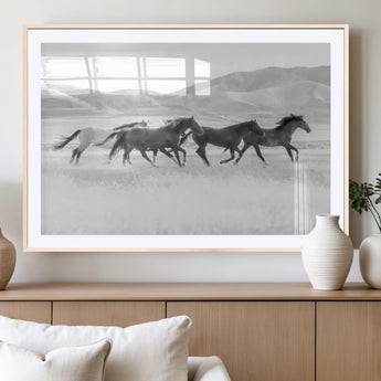 69934913-MGV-CV-36X24-Wild Horses Running Wall Art Canvas Print, Framed Black White Mustangs Art Picture Print, Rustic Western Perfect Rustic Western