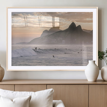 70644906-MGC-FP-36x24_Natural-Sunset Surfing Wall Art Canvas Print, Framed Misty Mountains Art Picture Print, Surfer Riding Wave Perfect Coastal Adventure Decor