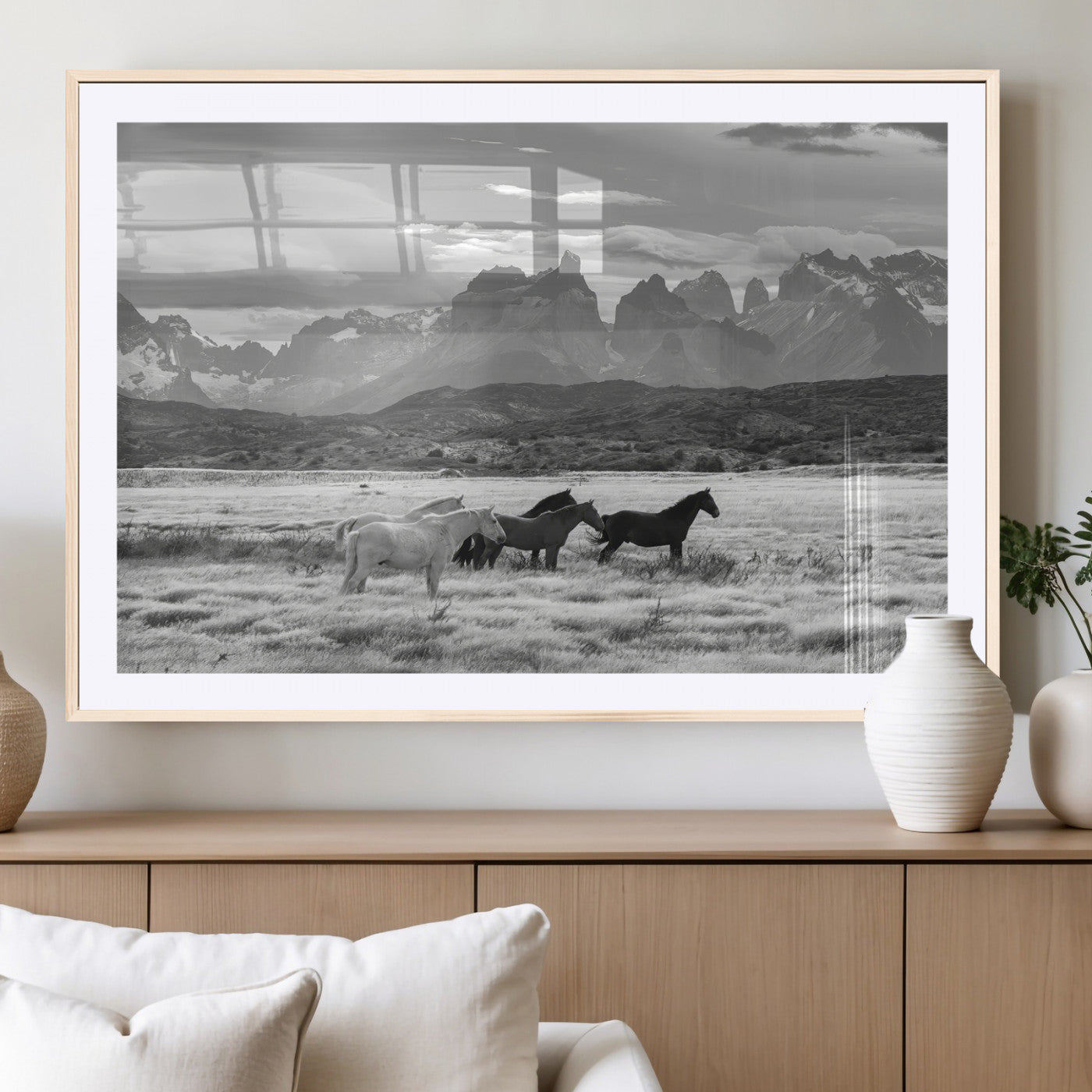 21655040-MGV-CV-36X24-Wild Horses Wall Art Canvas Print, Framed Black White Mountains Art Picture Print, Rustic Countryside Perfect Rustic Western Decor
