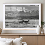 21655040-MGV-CV-36X24-Wild Horses Wall Art Canvas Print, Framed Black White Mountains Art Picture Print, Rustic Countryside Perfect Rustic Western Decor