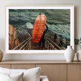 84555848-MGV-CV-36X24-Surfer Stairway Wall Art Canvas Print, Framed Ocean Surf Art Picture Print, Sunset Coastal Perfect Coastal Adventure Decor Artwork