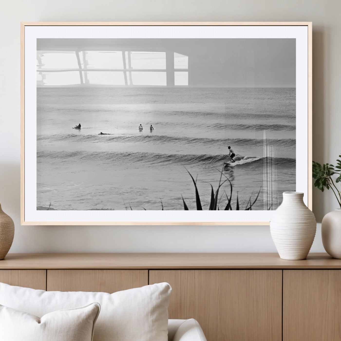 33821421-MGV-CV-36X24-Surfer Silhouette Wall Art Canvas Print, Framed Calm Ocean Art Picture Print, Monochrome Surf Perfect Minimalist Coastal Decor