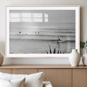 33821421-MGV-CV-36X24-Surfer Silhouette Wall Art Canvas Print, Framed Calm Ocean Art Picture Print, Monochrome Surf Perfect Minimalist Coastal Decor