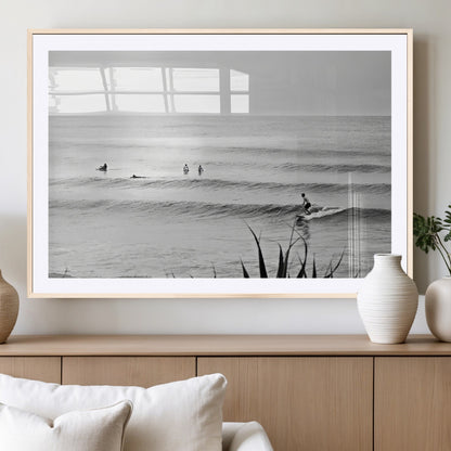 33821421-MGV-CV-36X24-Surfer Silhouette Wall Art Canvas Print, Framed Calm Ocean Art Picture Print, Monochrome Surf Perfect Minimalist Coastal Decor
