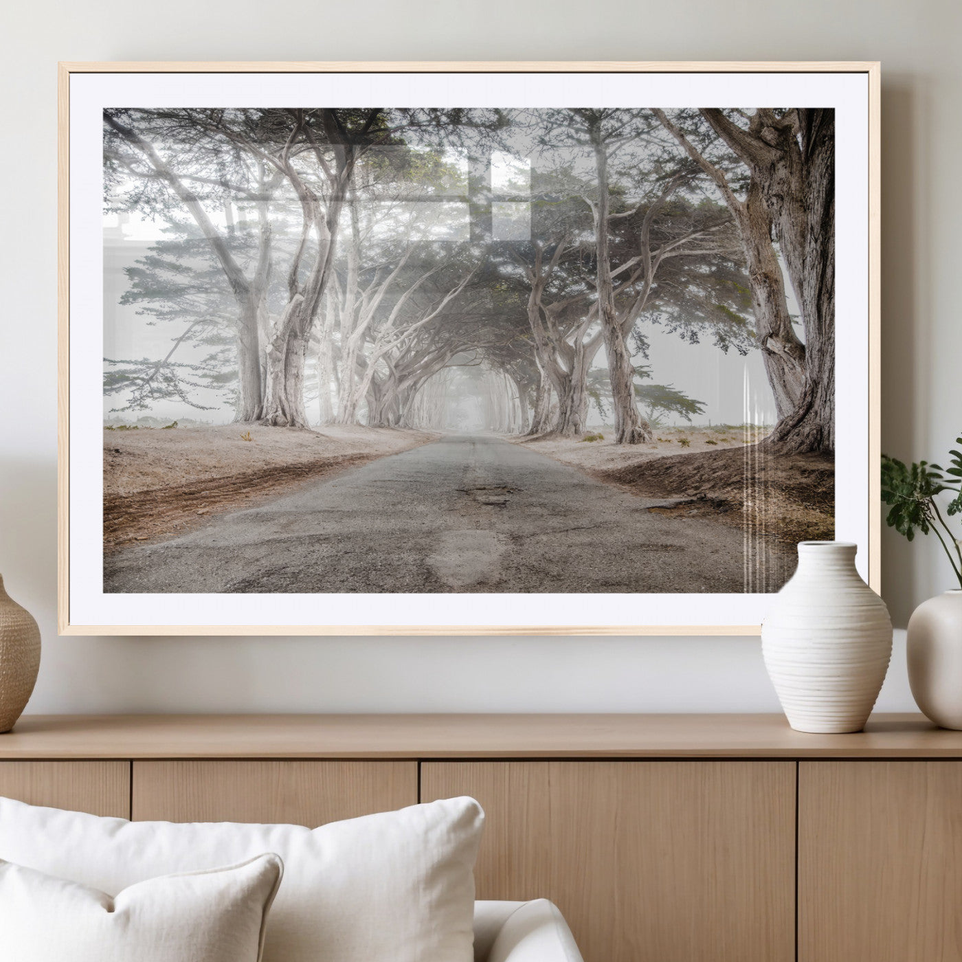 87090469-MGV-CV-36X24-Cypress Tunnel Wall Art Canvas Print, Framed Misty Road Art Picture Print, Foggy Trees Perfect Rustic Woodland Decor Artwork