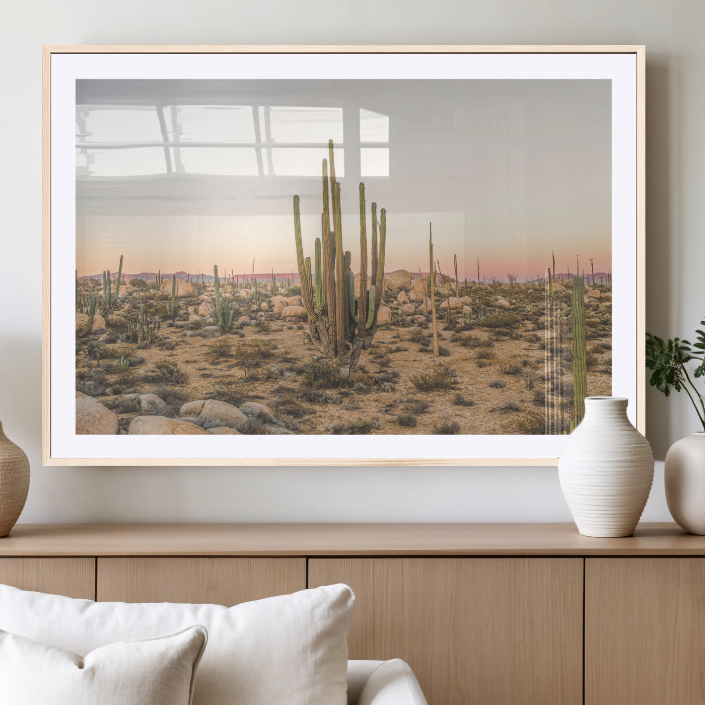 76234974-MGV-CV-36X24-Desert Cactus Wall Art Canvas Print, Framed Baja Desert Art Picture Print, Pastel Desert Perfect Southwestern Boho Decor Artwork