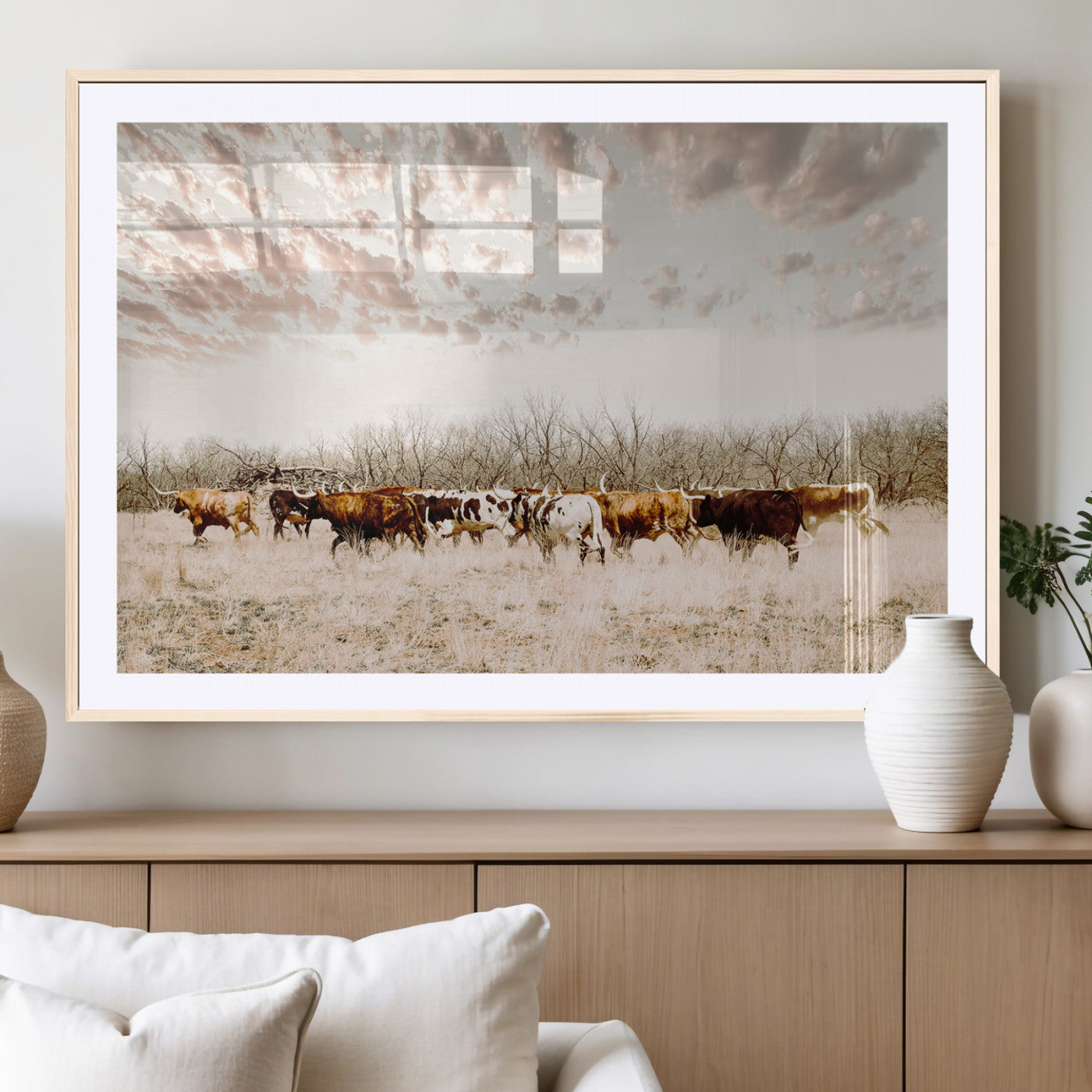 64892775-MGV-CV-36X24-Longhorn Cattle Wall Art Canvas Print, Framed Texas Ranch Art Picture Print, Western Cow Perfect Western Decor Artwork