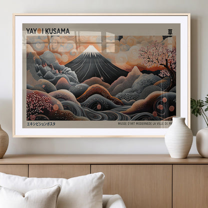 55739266-MGC-FP-36x24_Natural-Japanese Wall Art Print – Abstract Yayoi Kusama Inspired Dotted Landscape Poster, Surreal Oriental Mountain and Cherry Blossom