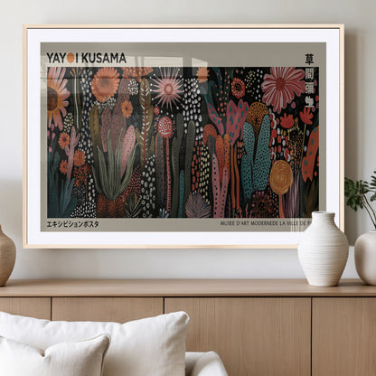 28344895-MGC-FP-36x24_Natural-Dark Floral Abstract Wall Art Poster – Modern Botanical Canvas Print with Beige Border, Kusama Inspired Boho Flower Painting,