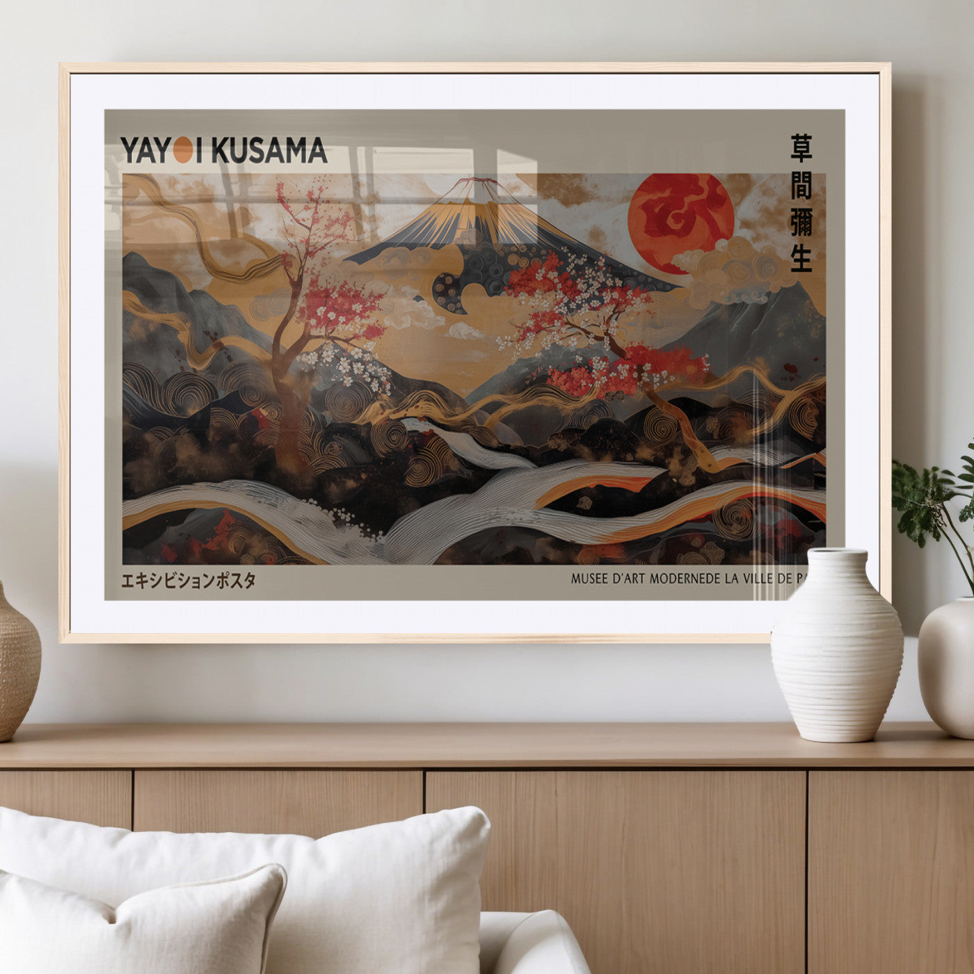 77970791-MGC-FP-36x24_Natural-Mount Fuji Golden Abstract Wall Art – Japanese Landscape Canvas Poster, Cherry Blossom & Red Sun Painting, Elegant Zen Oriental
