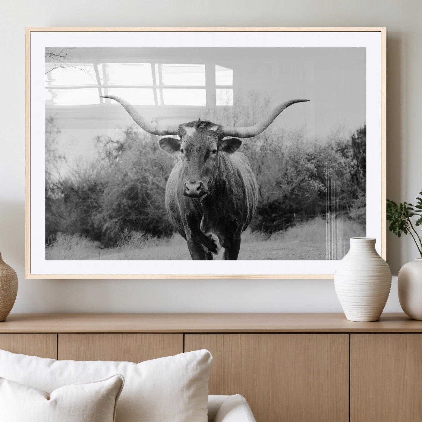 97280319-MGC-FP-36x24_Natural-Longhorn Photography Wall Art Canvas Print, Framed Western Cow Decor Art Picture Print, Texas Ranch Style Perfect Rustic Farmhouse