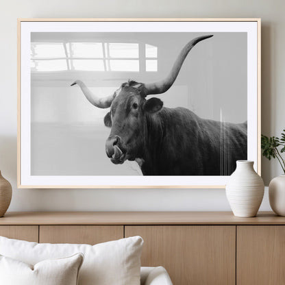 99244177-MGC-FP-36x24_Natural-Longhorn Photography Wall Art Canvas Print, Framed Western Cow Decor Art Picture Print, Black White Bull Perfect Modern Rustic