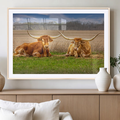 97244565-MGV-CV-36X24-Longhorn Duo Wall Art Canvas Print, Framed Cozy Ranch Vibes Art Picture Print, Western Ranch Decor Perfect Rustic Farmhouse Decor