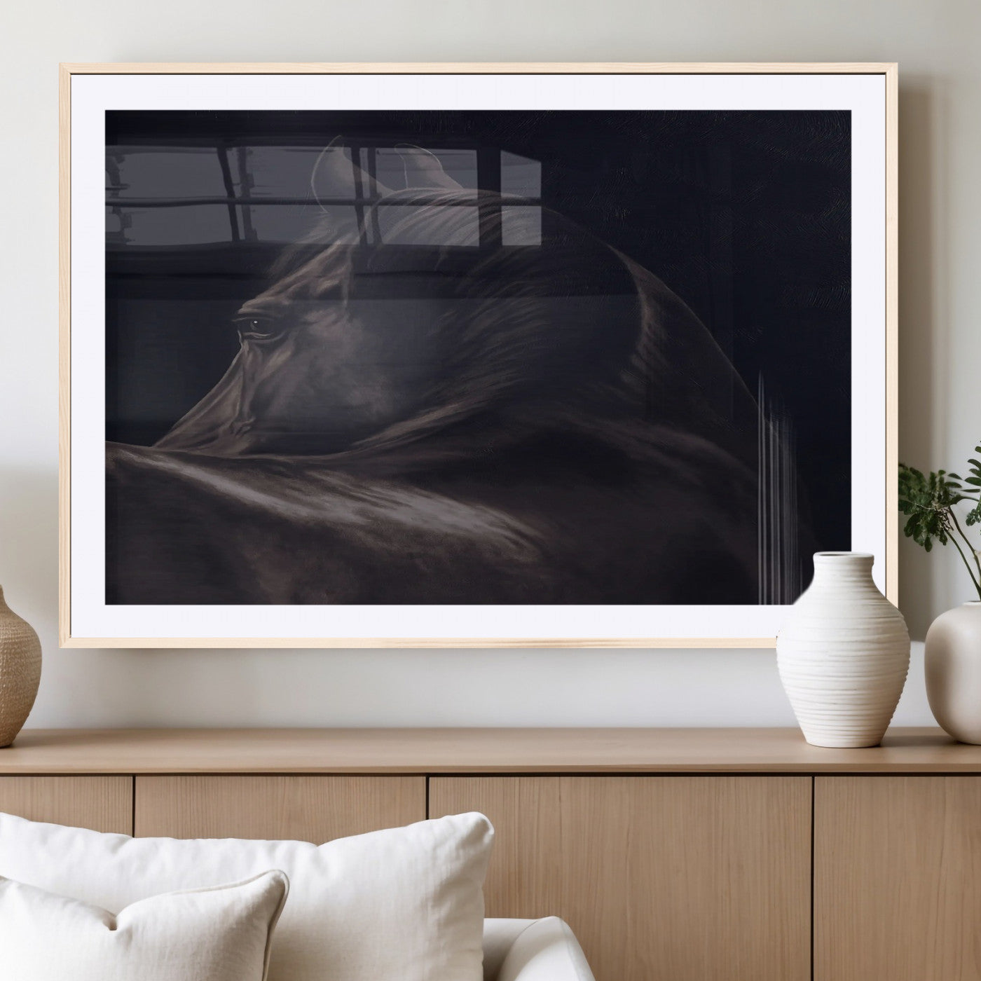 67026880-MGC-FP-36x24_Natural-Black Horse Portrait Wall Art Canvas Print, Framed Moody Horse Decor Art Picture Print, Equestrian Wall Style Perfect Masculine