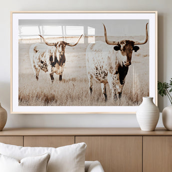 39672786-MGC-FP-36x24_Natural-Rustic Cow Scene Wall Art Canvas Print, Framed Farmhouse Style Cattle Art Picture Print, Prairie Animal Duo Perfect Rustic Western