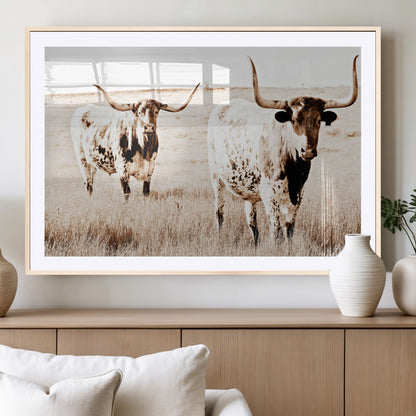 39672786-MGC-FP-36x24_Natural-Rustic Cow Scene Wall Art Canvas Print, Framed Farmhouse Style Cattle Art Picture Print, Prairie Animal Duo Perfect Rustic Western