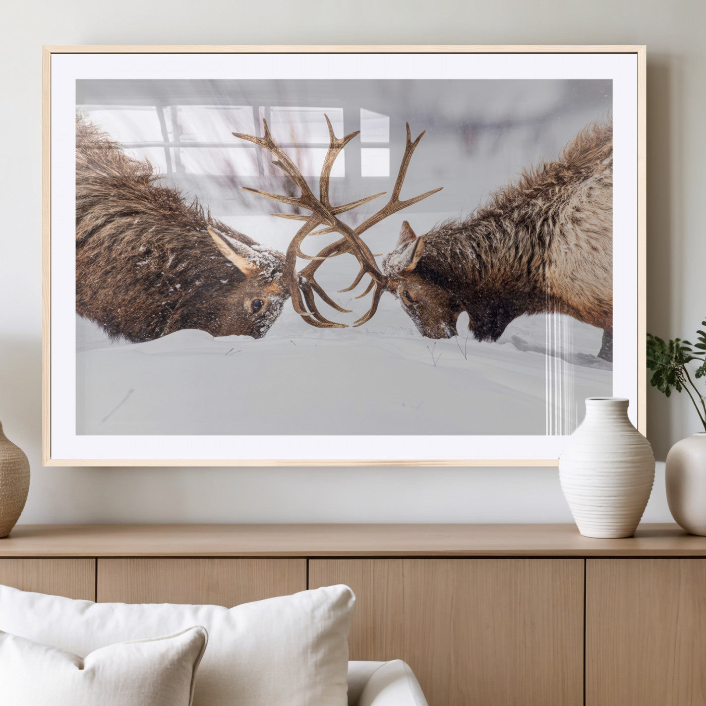 36507609-MGV-CV-36X24-Elk Clash Scene Wall Art Canvas Print, Framed Wildlife Strength Decor Art Picture Print, Snowy Forest Elk Perfect Rustic Lodge